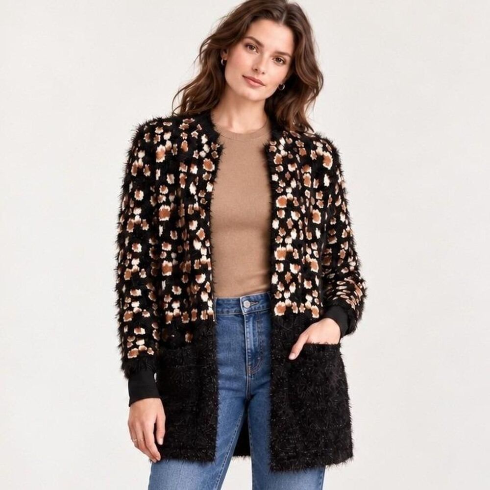 LA FEE VERTE Anthropologie  Cheetah Print Fuzzy Knit Open Front long Cardigan L